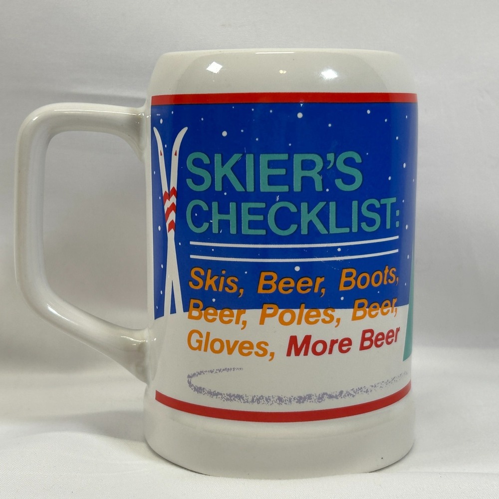 Skiers Coffee Beer Mug Vintage Checklist Skis Beer Boots Poles Gloves Rare 16oz‎